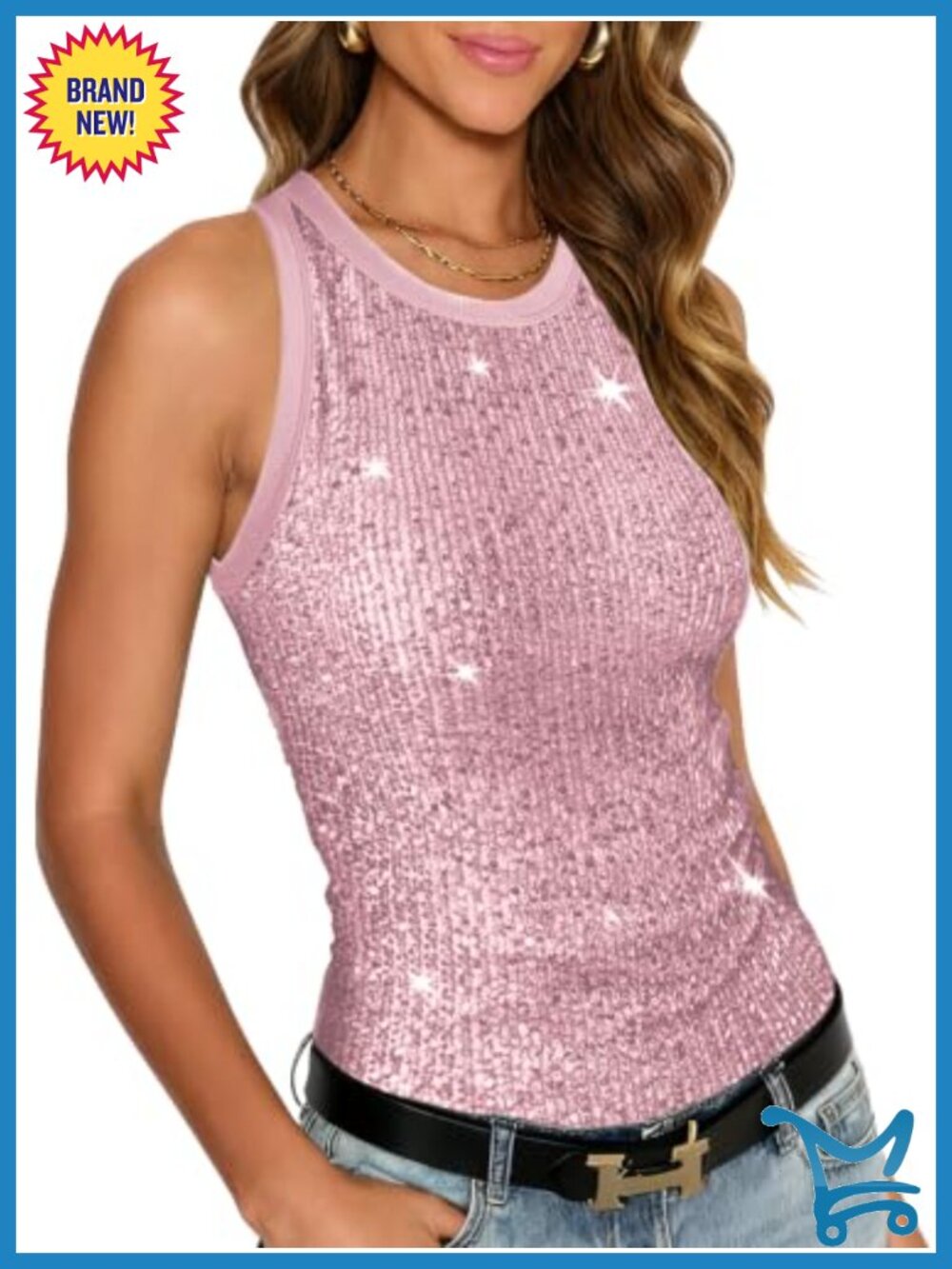 Slim Fit Sequin Tank Top Crewneck Sleeveless Party Blouse